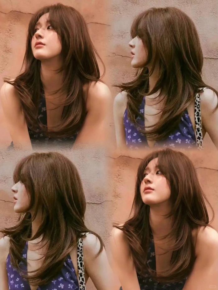 Fashion model with layered long brown hair wearing floral dresses shown from different angles against textured wall