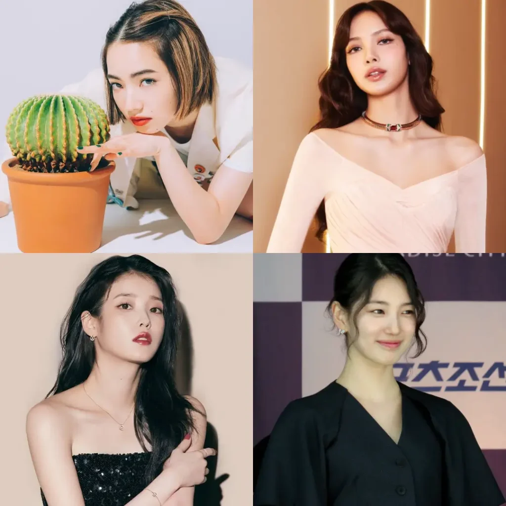 Four fashion portraits showing models in elegant attire - featuring formal dresses, professional makeup, and diverse styling
