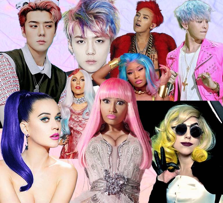 Collage of music artists with vibrant colored hair including pink, blue, purple and yellow styles