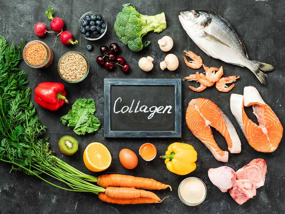 Collagen-rich foods including salmon, seafood, fresh vegetables, fruits, eggs, and legumes