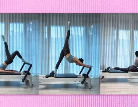 A collage photo of a woman doing a yoga post
