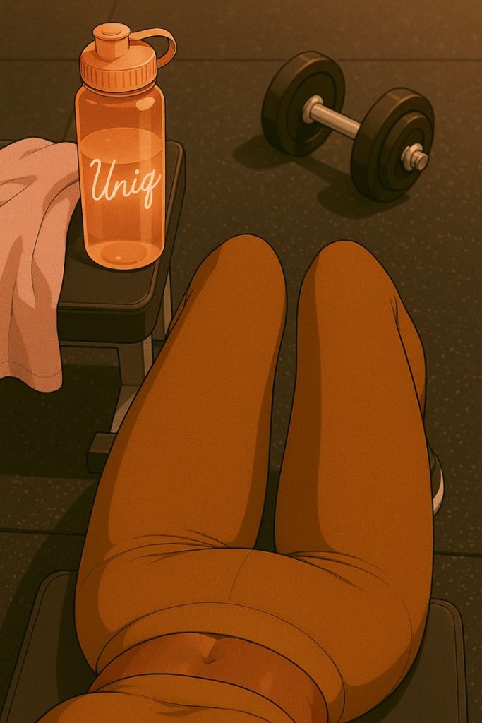 A first-person perspective illustration of a woman resting at the gym
