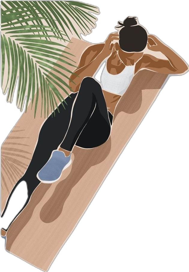 A high-angle illustration of a woman doing sit-ups on a yoga mat under a palm leaf