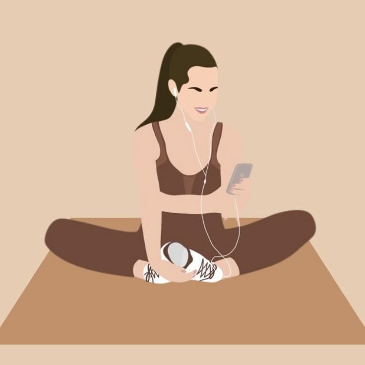 A minimalist illustration of a woman in workout clothes sitting on a mat, listening to music on her phone