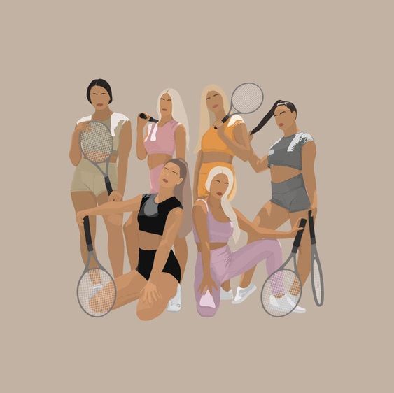 An illustration of a group of stylish women in athletic wear posing with tennis rackets