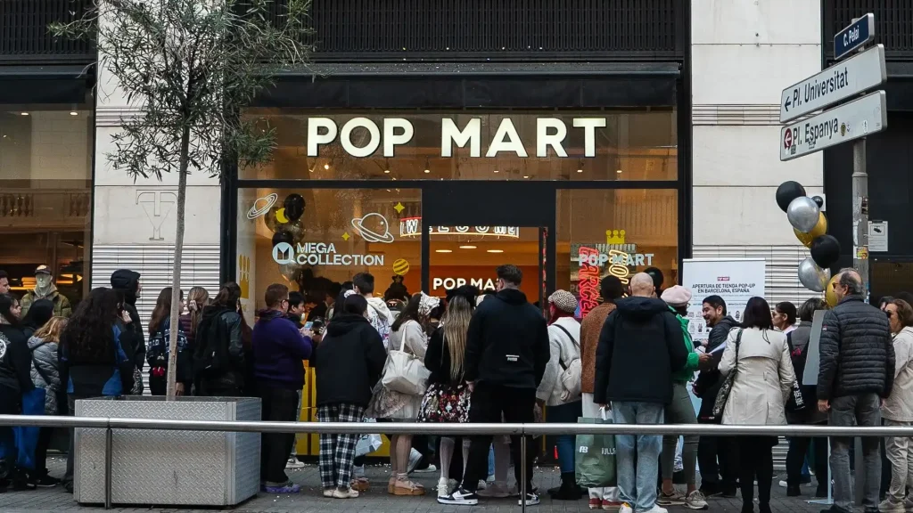 Crowd gathered outside a POP MART store during a busy street event