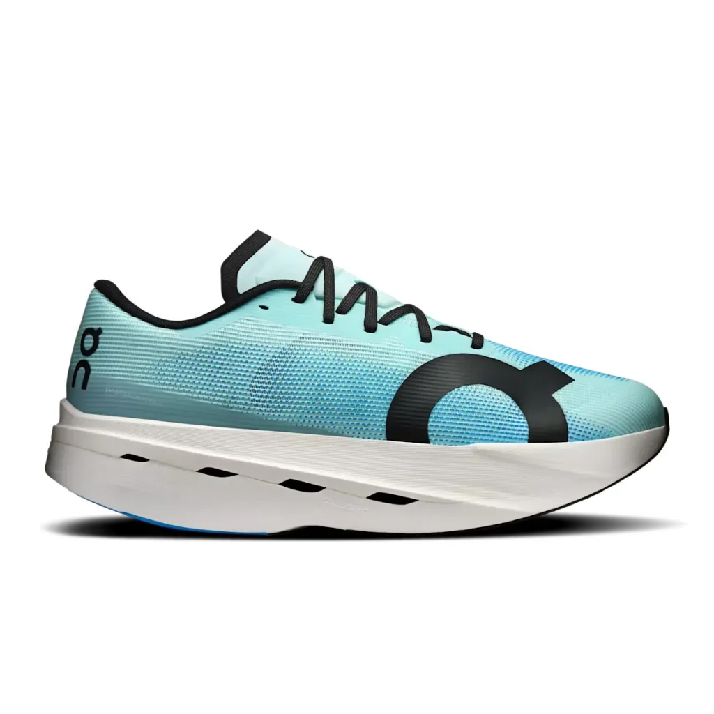 Light blue carbon plate running shoe on black background