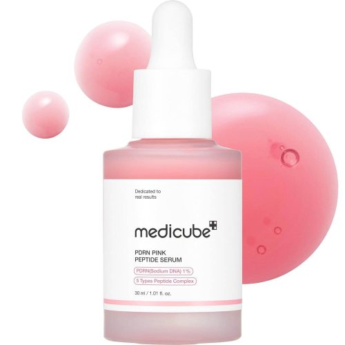 Medicube PDRN Pink Peptide Serum with dropper and pink spheres